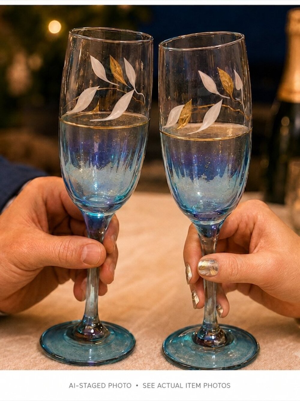 MCM Hand Painted Blue Glass Champagne Flutes Set of 2 Wedding Toasting Glasses